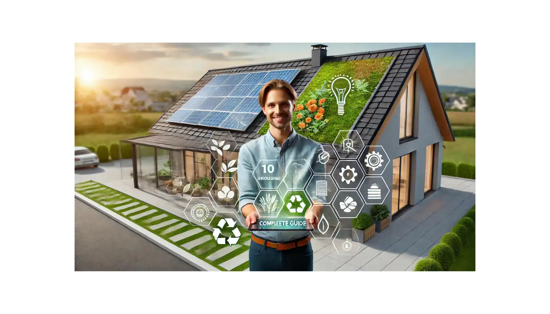 Modern eco-friendly roofing with solar panels and green features in a residential home.