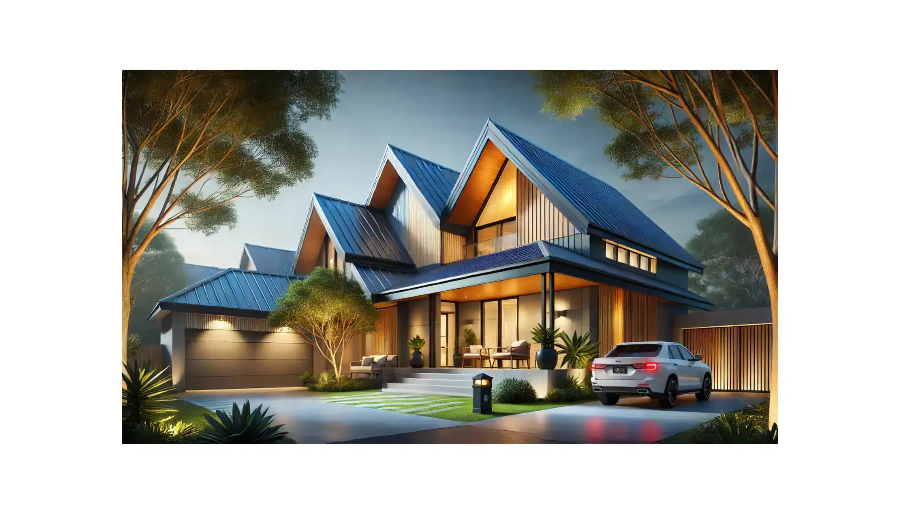 Stylish Colorbond roofing on a contemporary home with lush landscaping.