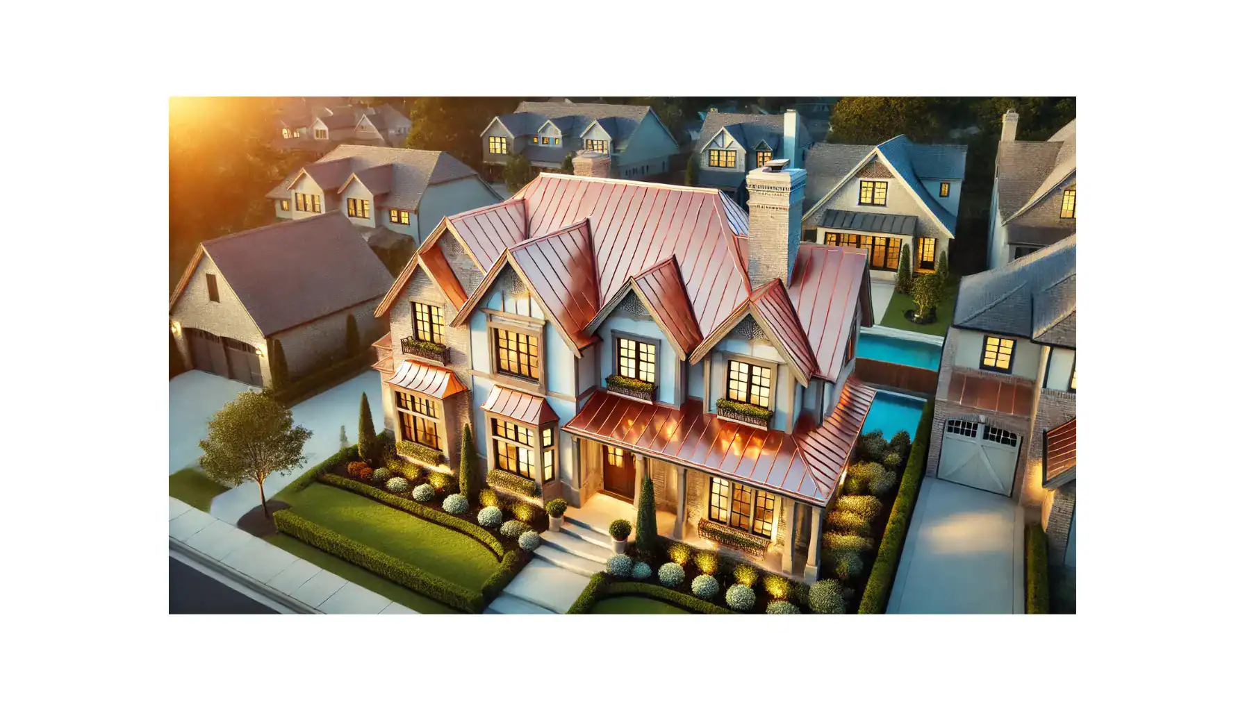 Beautiful house with a striking copper roof showcasing durability and elegance.