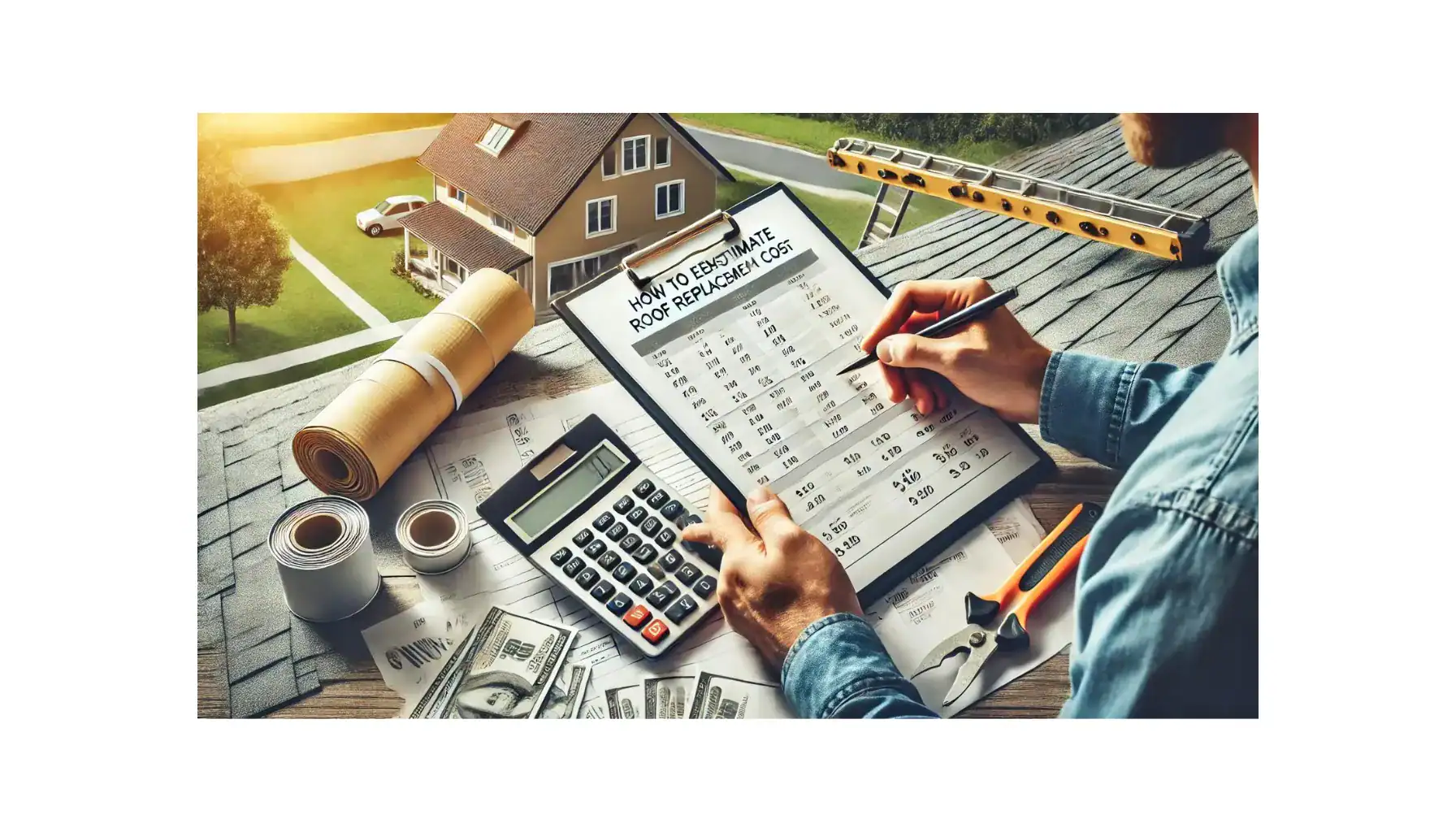 Homeowner estimating roof replacement costs with calculator and checklist.
