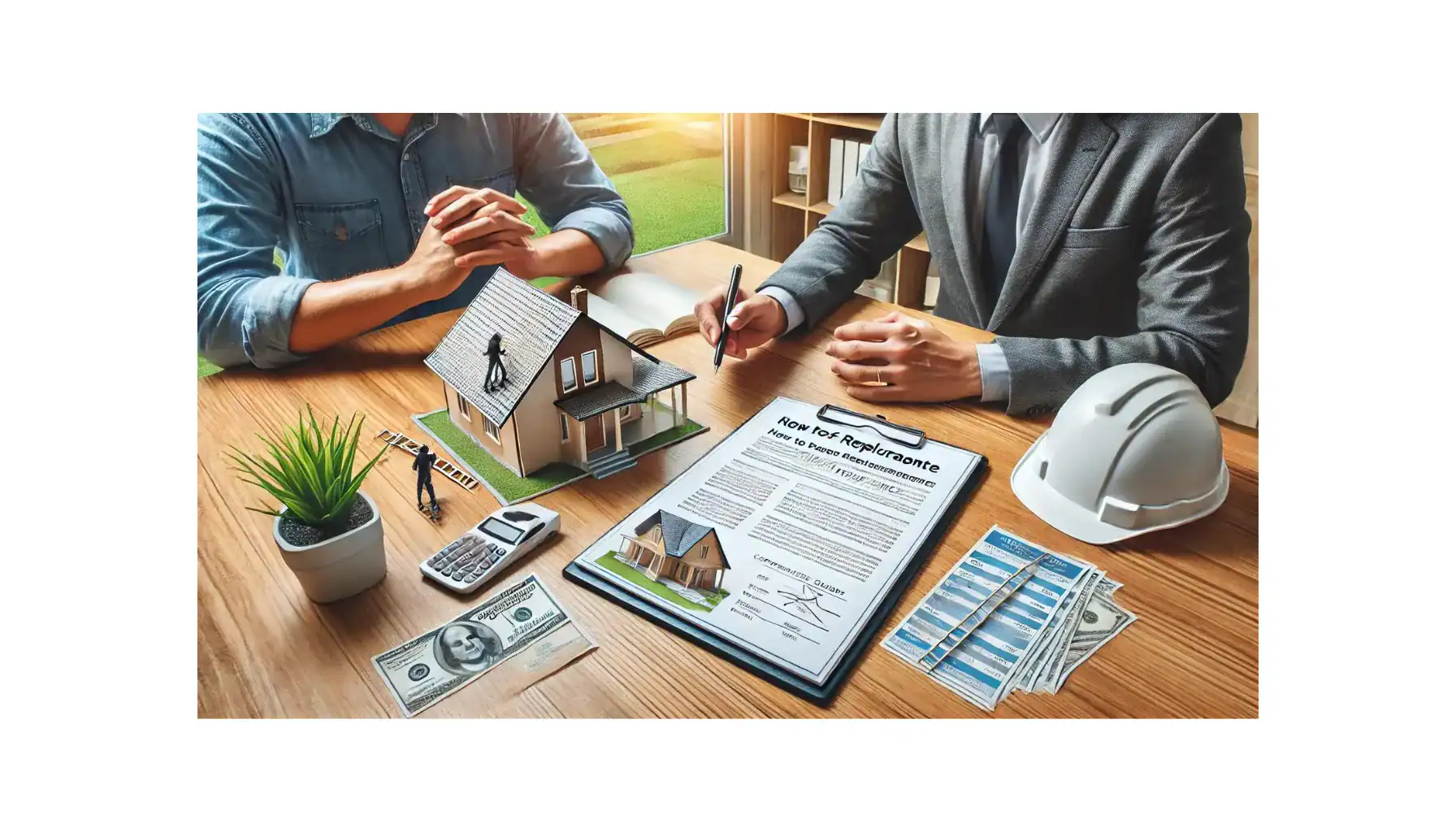 Homeowners reviewing roof replacement options with contractor and insurance documents.